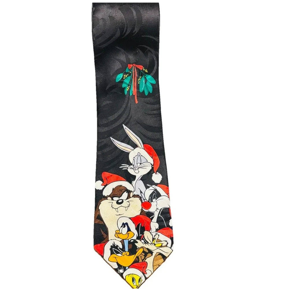VTG 1997 Looney Tunes Christmas Silk Tie Bugs Daffy Taz Santa Hats Warner‎ Bros